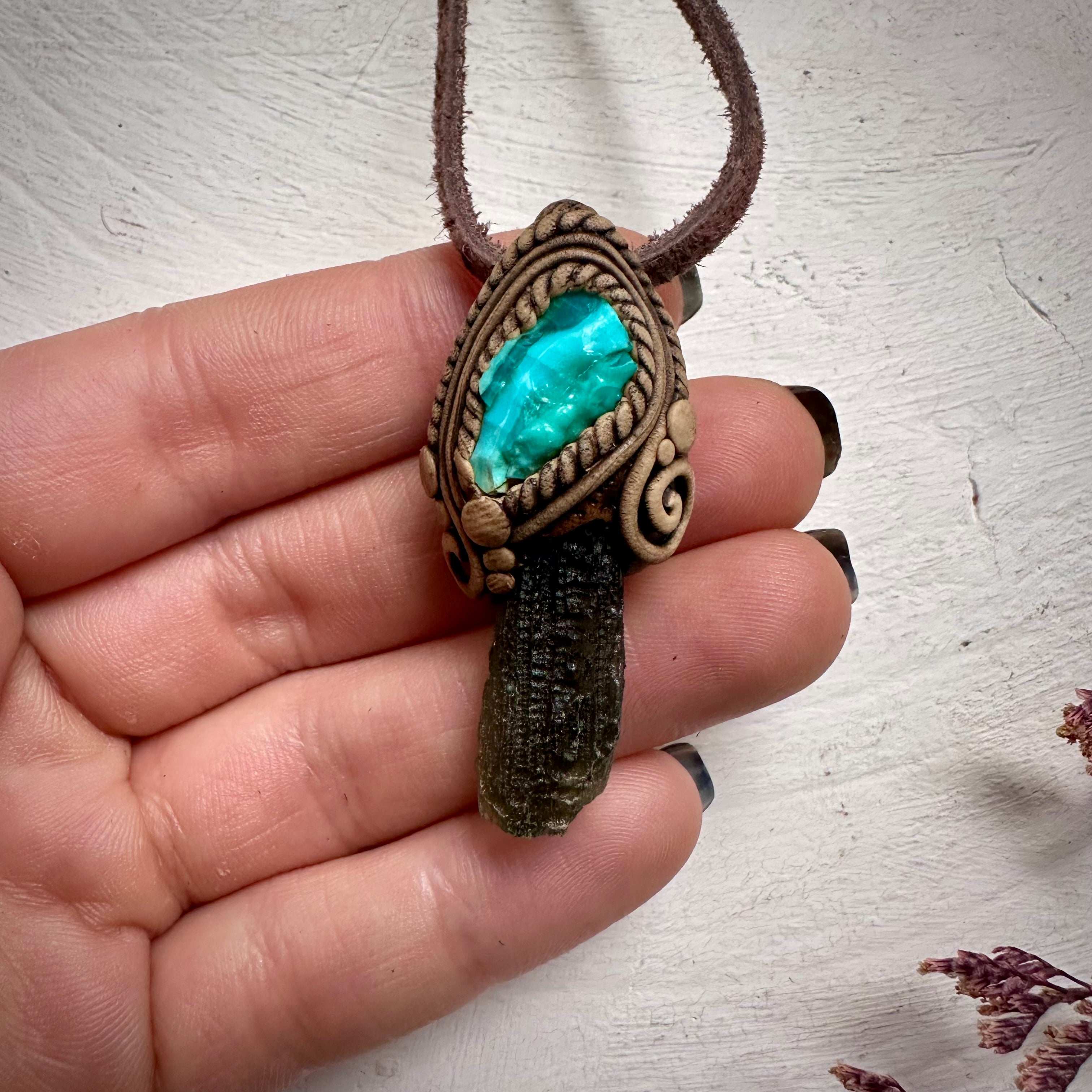 Moldavite and Raw Chrysocolla Necklace - FairyGardenGlow