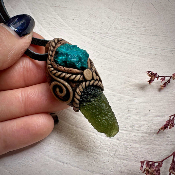 Moldavite and Raw Chrysocolla Necklace - FairyGardenGlow