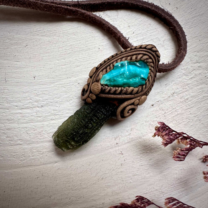 Moldavite and Raw Chrysocolla Necklace - FairyGardenGlow