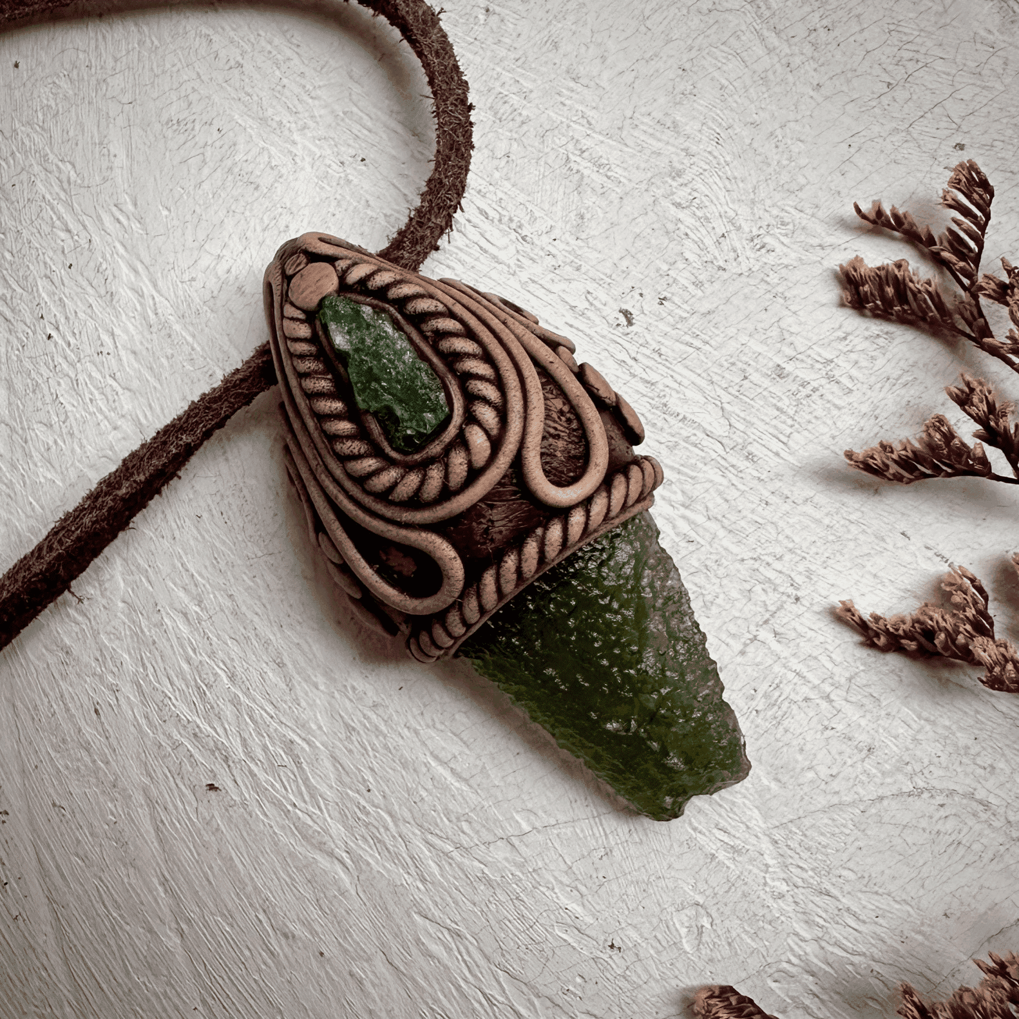 Moldavite and Raw Emerald Necklace - FairyGardenGlow