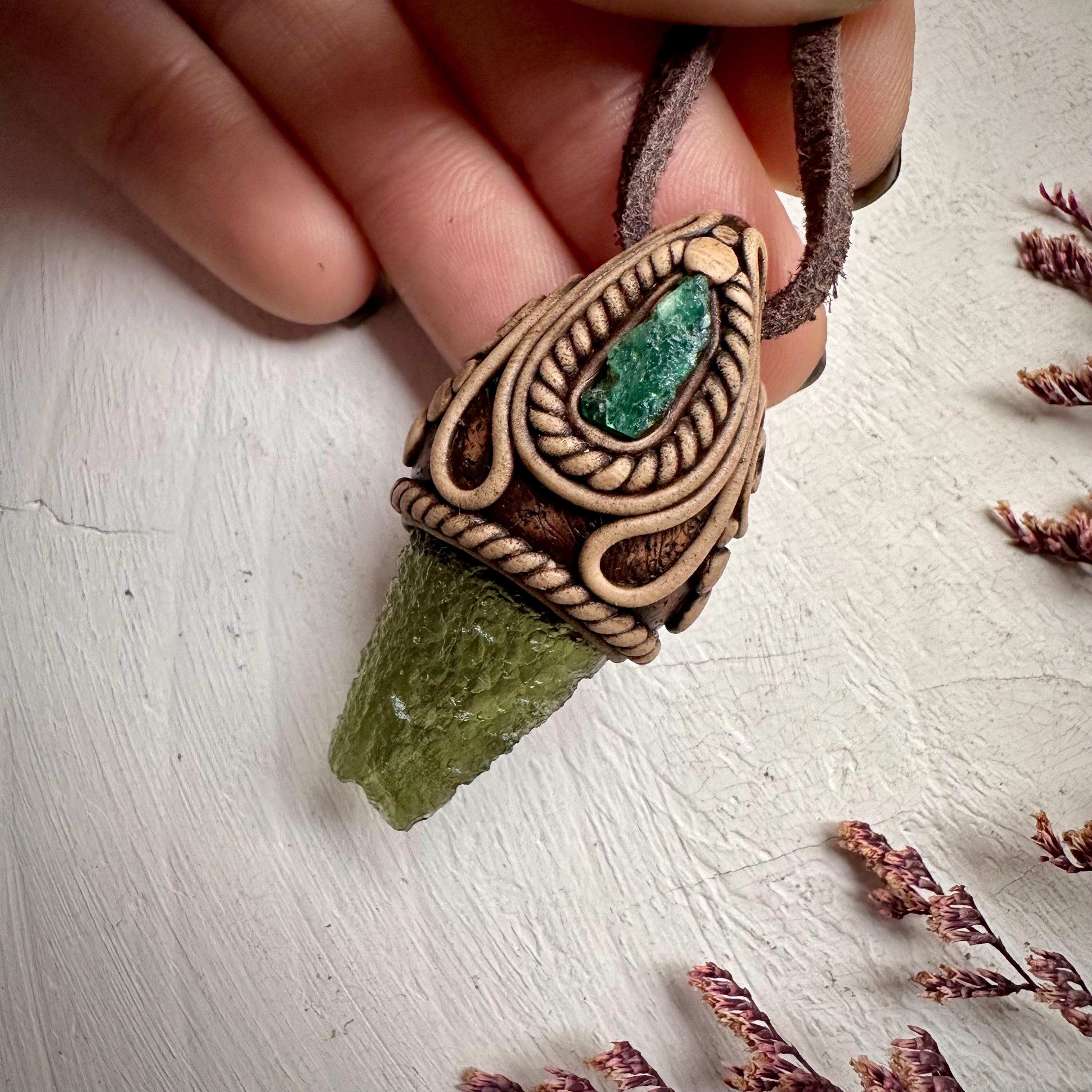 Moldavite and Raw Emerald Necklace - FairyGardenGlow