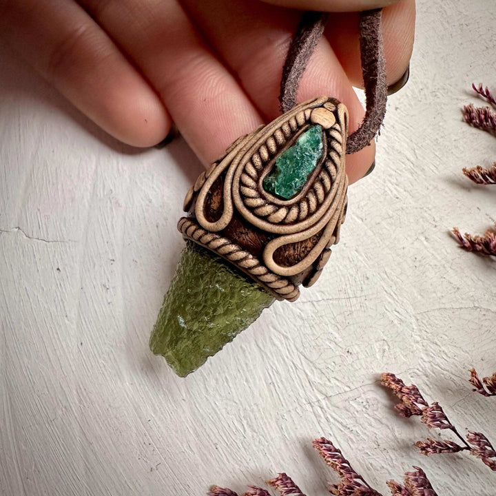 Moldavite and Raw Emerald Necklace - FairyGardenGlow