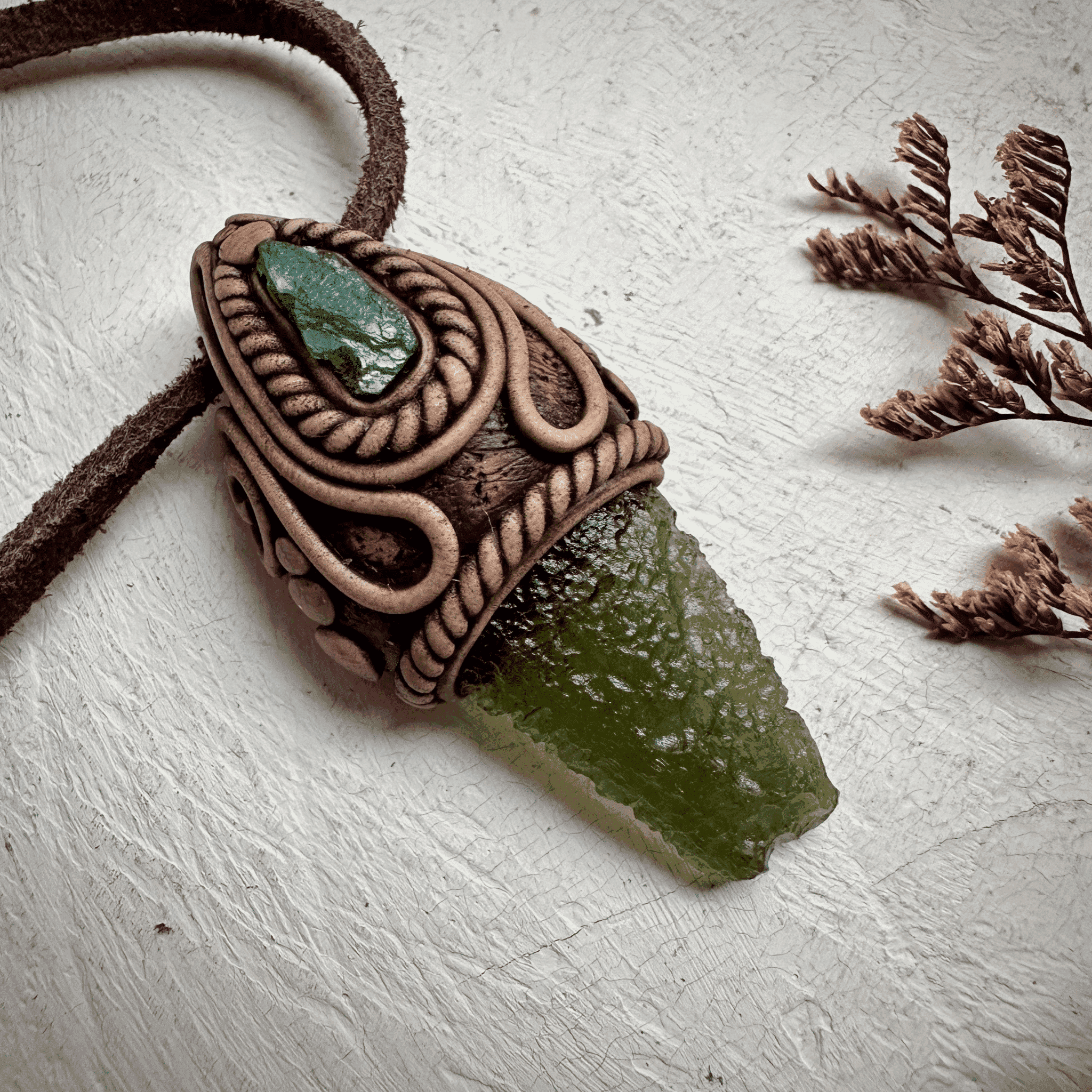 Moldavite and Raw Emerald Necklace - FairyGardenGlow