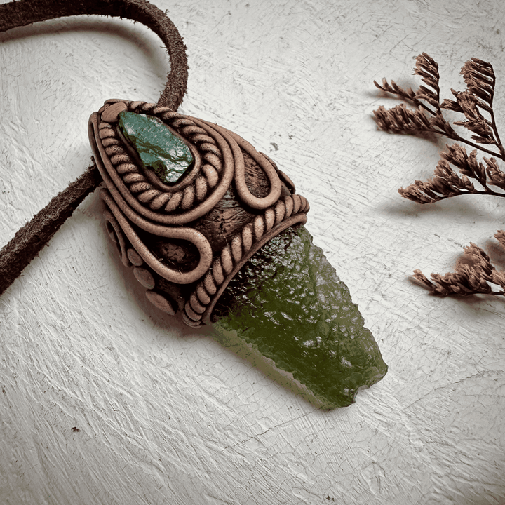 Moldavite and Raw Emerald Necklace - FairyGardenGlow