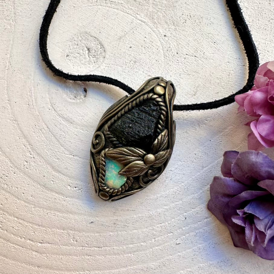 Handmade raw Moldavite and Ethiopian Opal pendant necklace, one-of-a-kind spiritual crystal talisman jewelry.