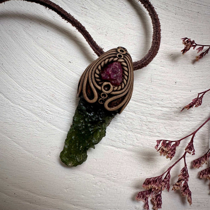 Moldavite and Raw Spinel Necklace - FairyGardenGlow