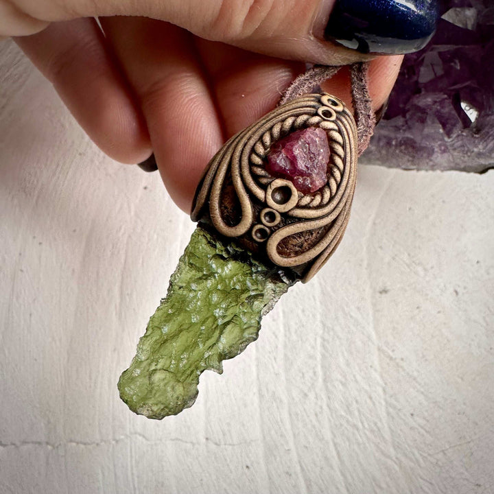 Moldavite and Raw Spinel Necklace - FairyGardenGlow