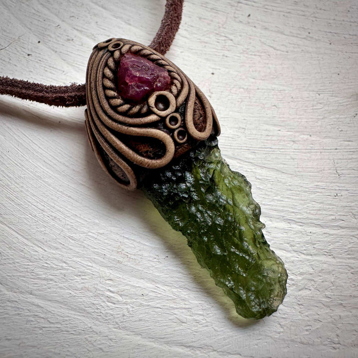 Moldavite and Raw Spinel Necklace - FairyGardenGlow