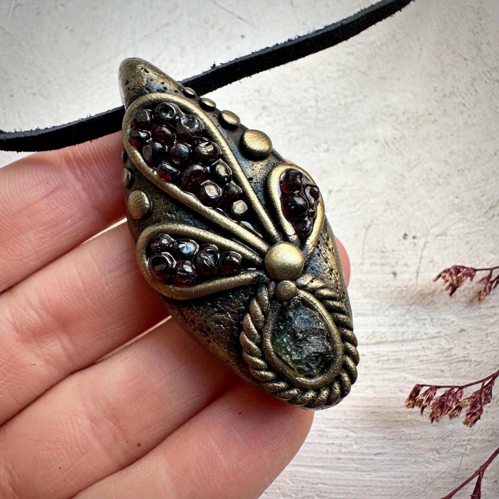 Moldavite and Red Garnet Necklace - FairyGardenGlow