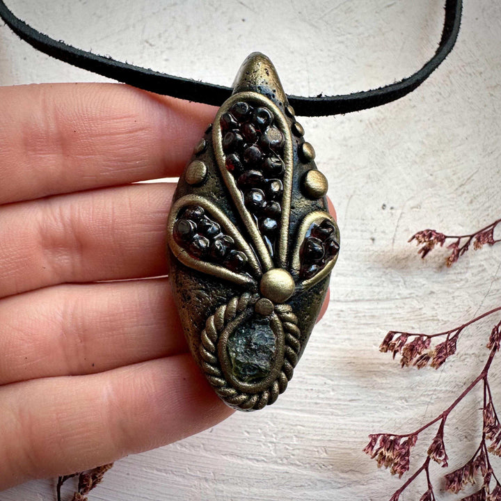 Moldavite and Red Garnet Necklace - FairyGardenGlow