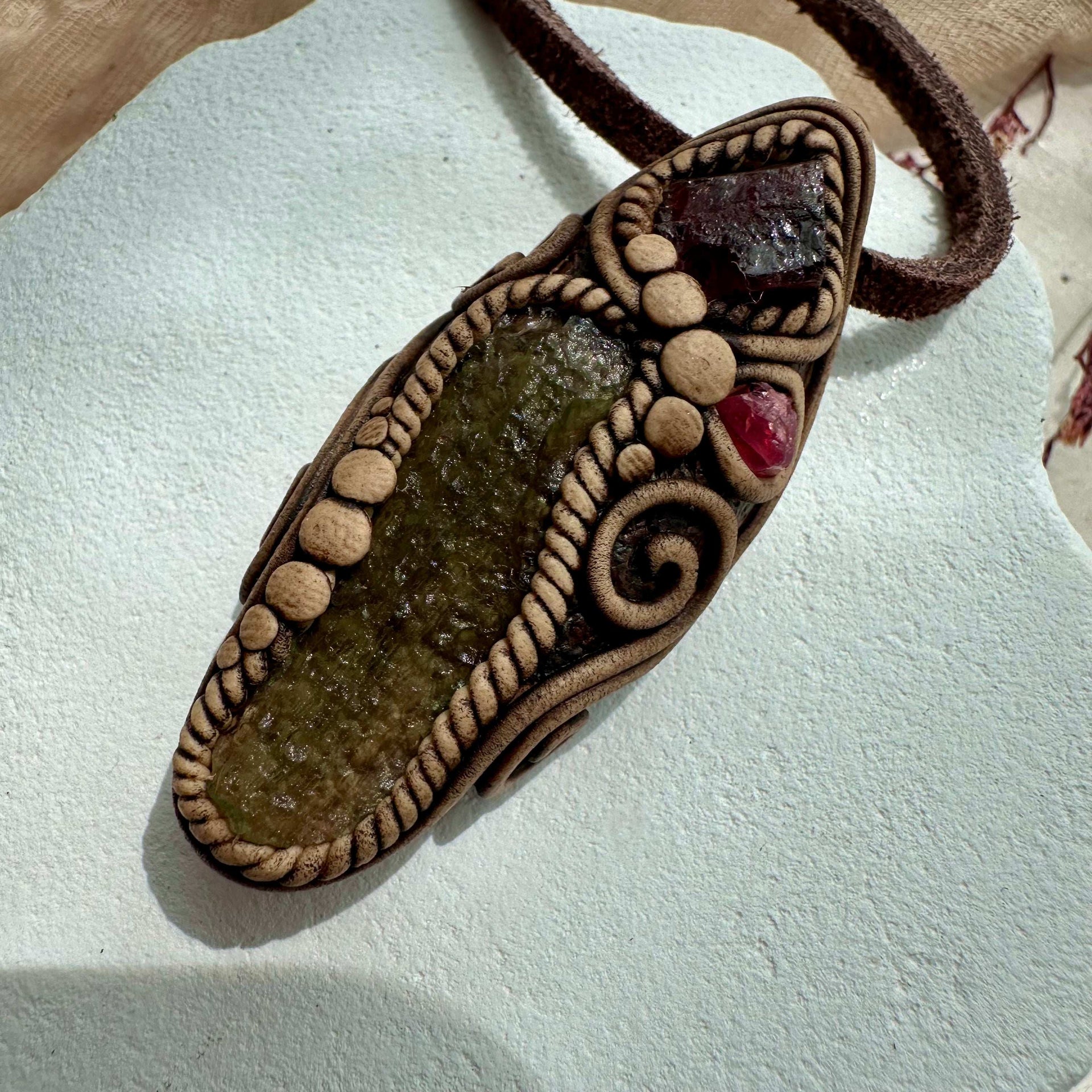 Moldavite Red Garnet and Spinel Necklace - FairyGardenGlow