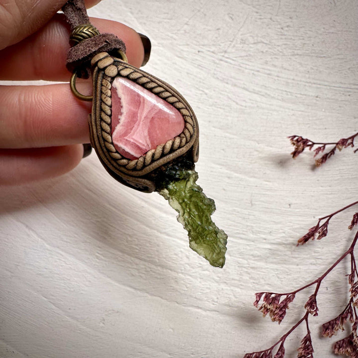 Moldavite and Rhodochrosite Necklace - FairyGardenGlow