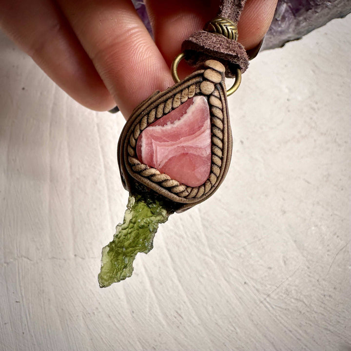 Moldavite and Rhodochrosite Necklace - FairyGardenGlow
