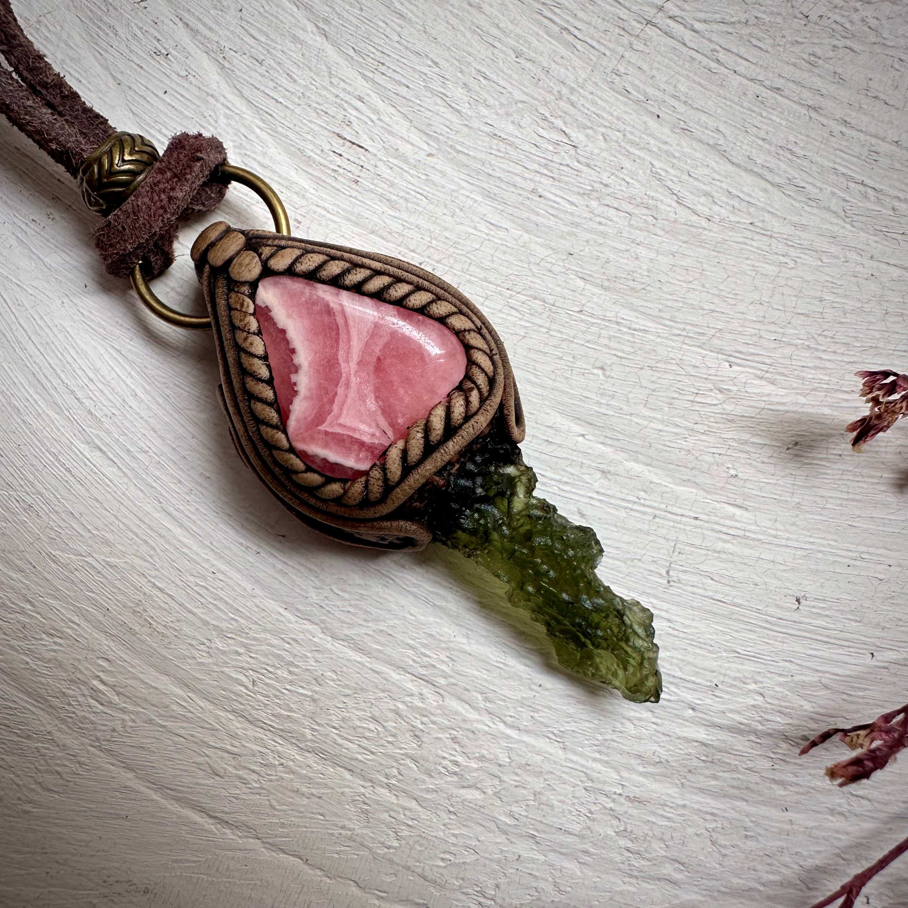 Moldavite and Rhodochrosite Necklace - FairyGardenGlow