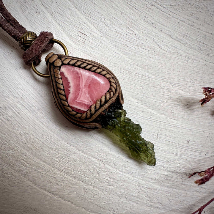 Moldavite and Rhodochrosite Necklace - FairyGardenGlow