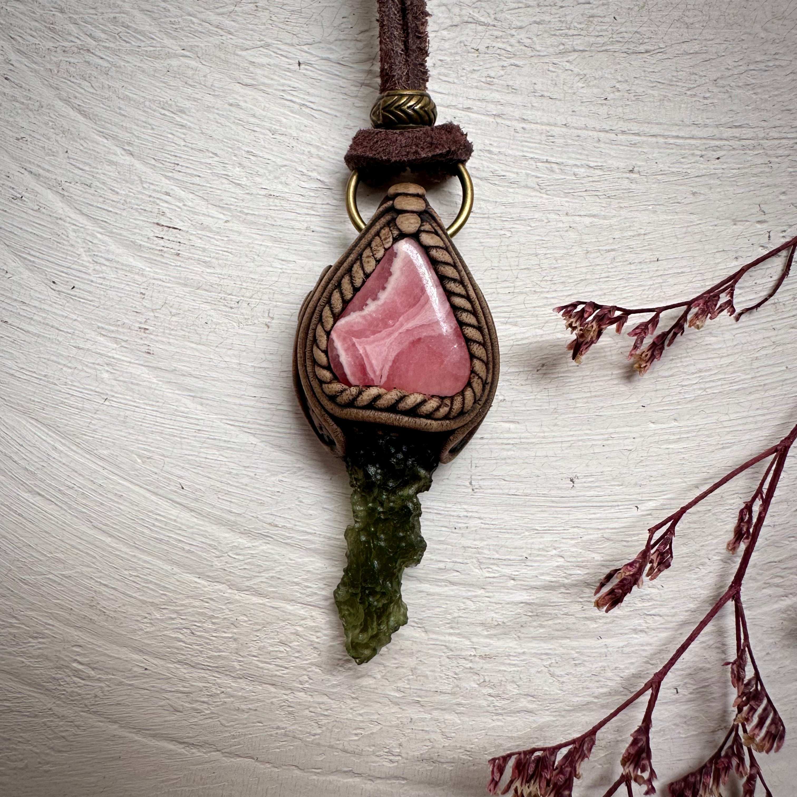 Moldavite and Rhodochrosite Necklace - FairyGardenGlow