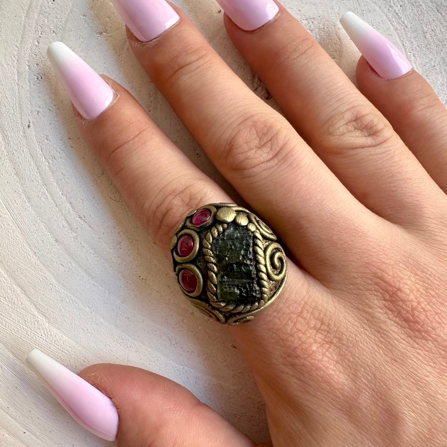 Natural healing gemstone ring handcrafted with Moldavite and genuine Rhodolite Garnet.