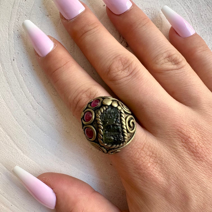 Natural healing gemstone ring handcrafted with Moldavite and genuine Rhodolite Garnet.