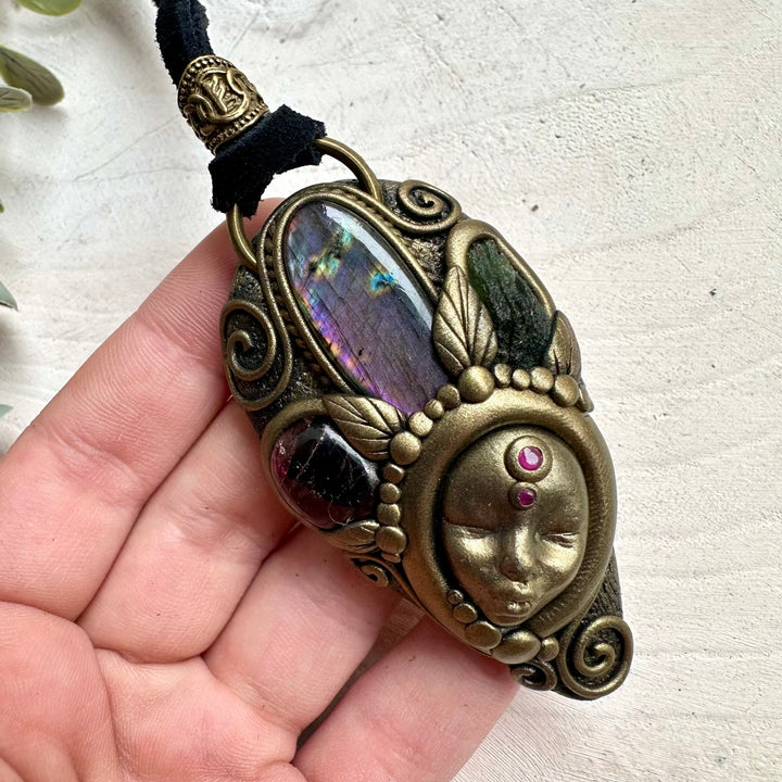 Healing crystal goddess pendant with ruby and rhodolite garnet