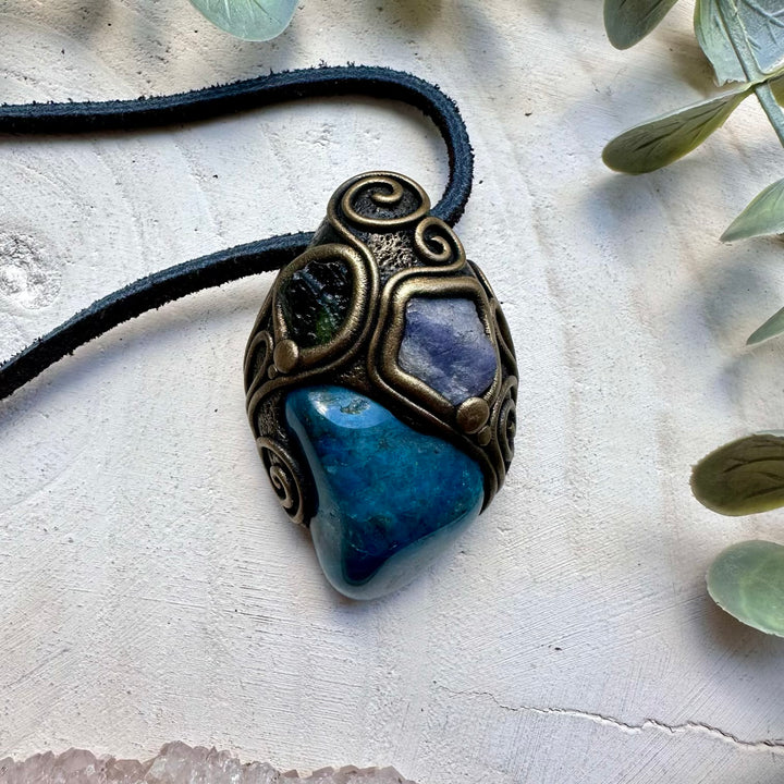 Handmade necklace with shattuckite moldavite and raw tanzanite