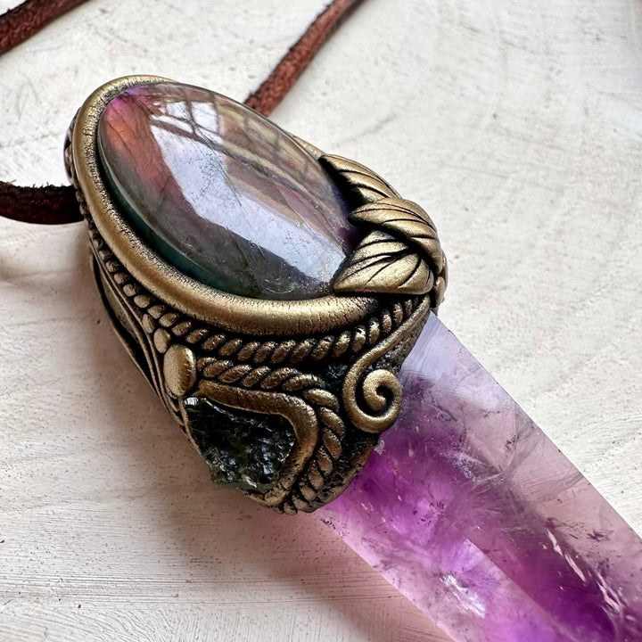 Spiritual jewelry combining moldavite labradorite and amethyst