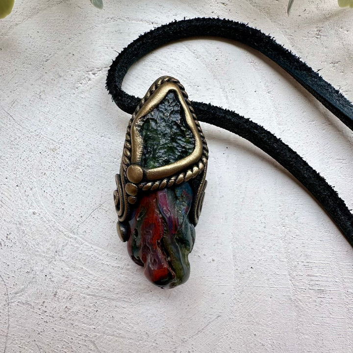 Natural gemstone necklace with bloodstone and moldavite