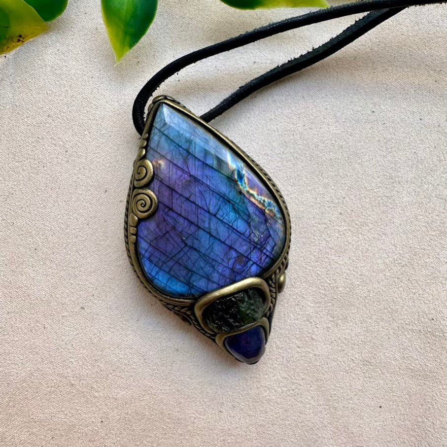 Gorgeous Large Purple Labradorite with Moldavite and Tanzanite Pendant Necklace, Handmade Spiritual Jewelry - FairyGardenGlow