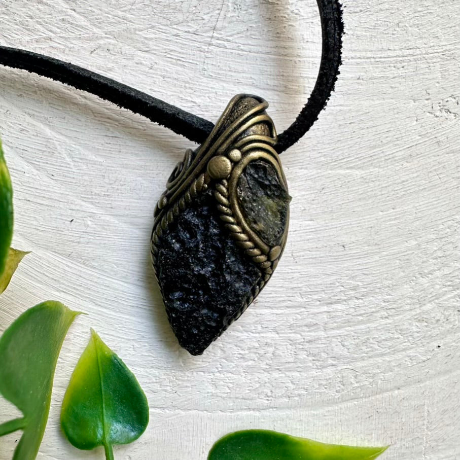 Handcrafted Clay Pendant with Genuine Moldavite and Black Tektite Crystals – Spiritual Healing Necklace