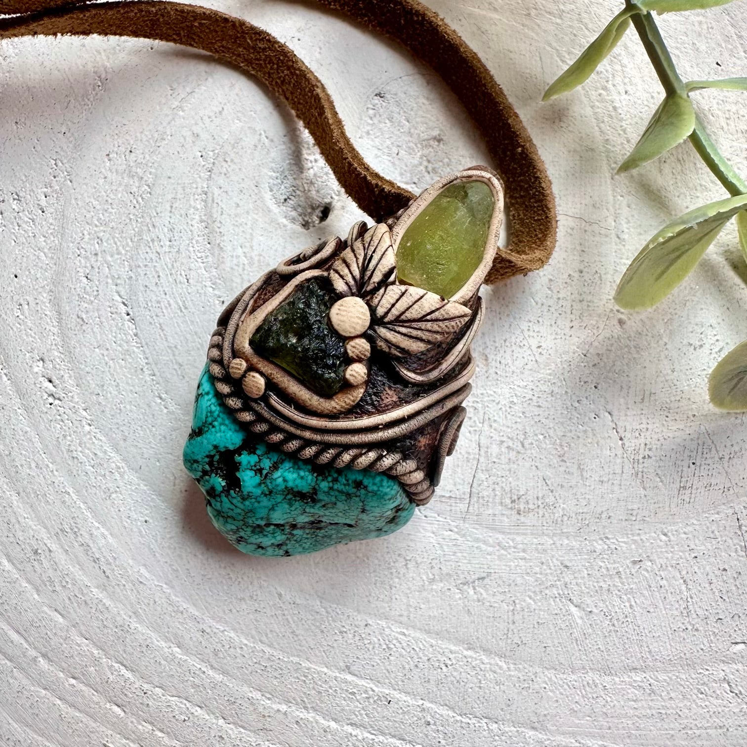Unique healing crystal jewelry with Turquoise, Peridot and Moldavite natural gemstones