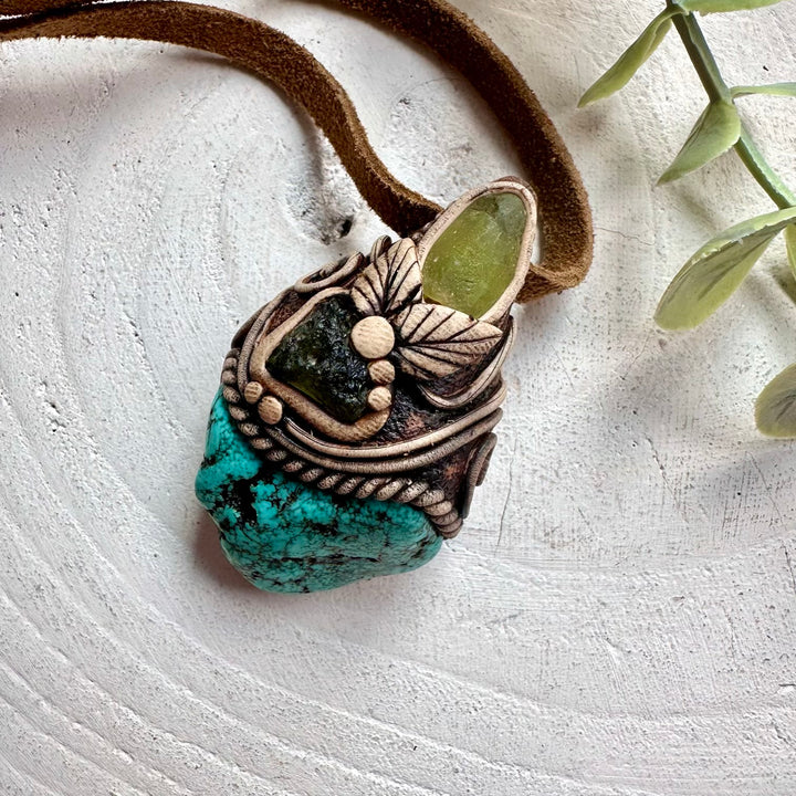 Unique healing crystal jewelry with Turquoise, Peridot and Moldavite natural gemstones