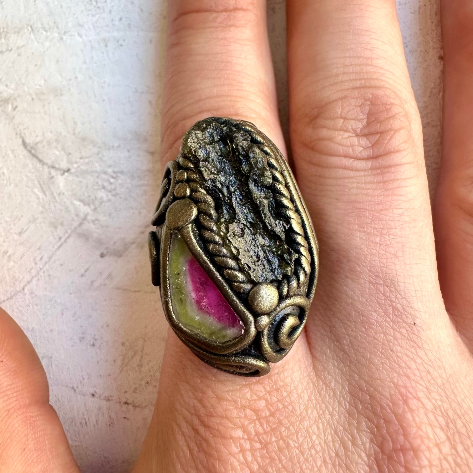 Handmade ring with watermelon tourmaline and moldavite