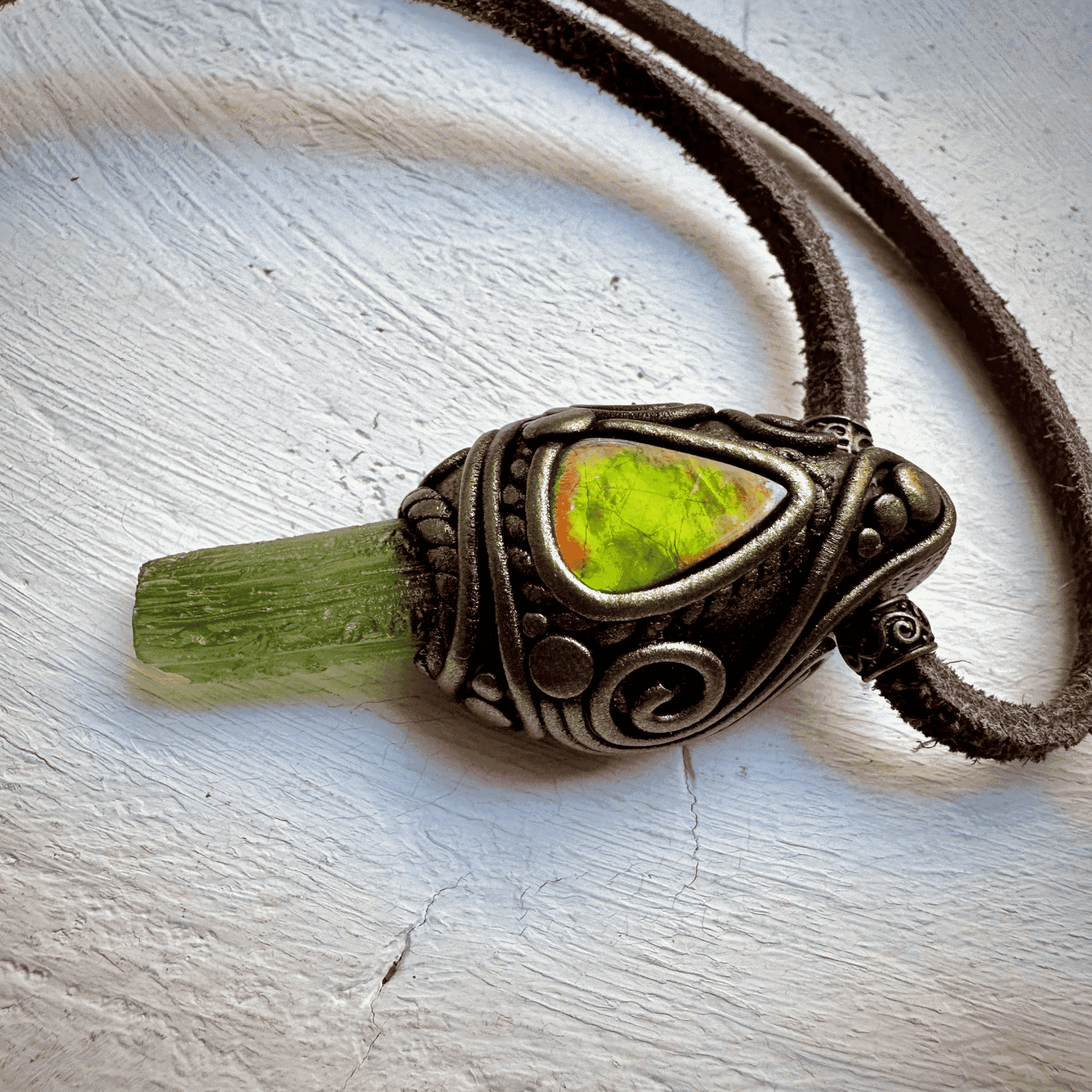 Moldavite and Ammolite Necklace - FairyGardenGlow