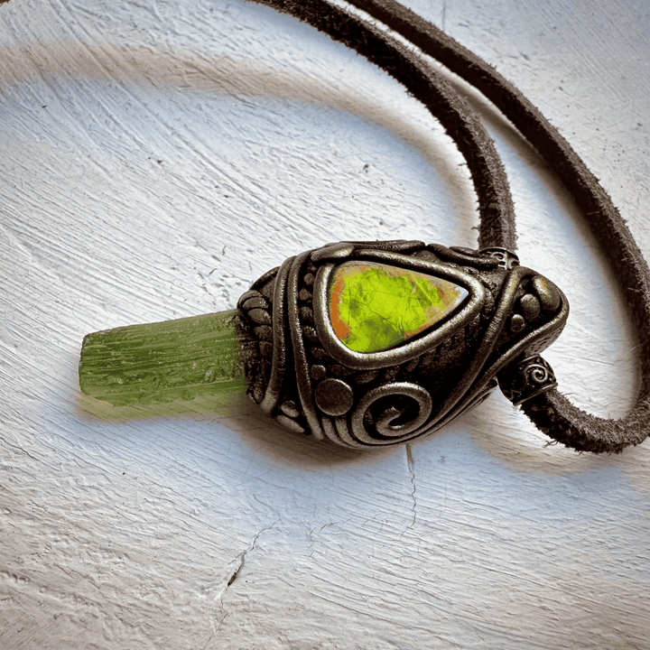 Moldavite and Ammolite Necklace - FairyGardenGlow