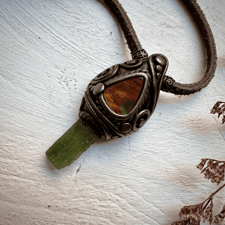 Moldavite and Ammolite Necklace - FairyGardenGlow