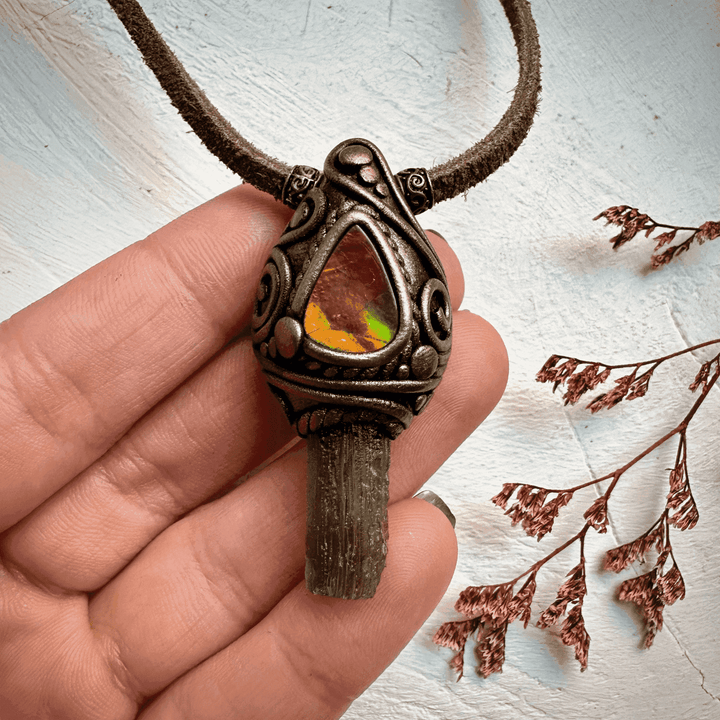Moldavite and Ammolite Necklace - FairyGardenGlow