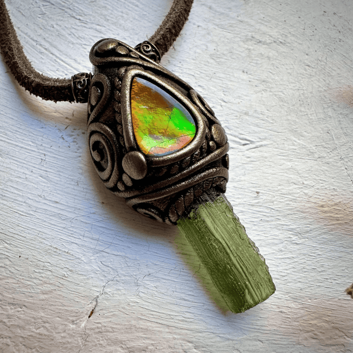 Moldavite and Ammolite Necklace - FairyGardenGlow