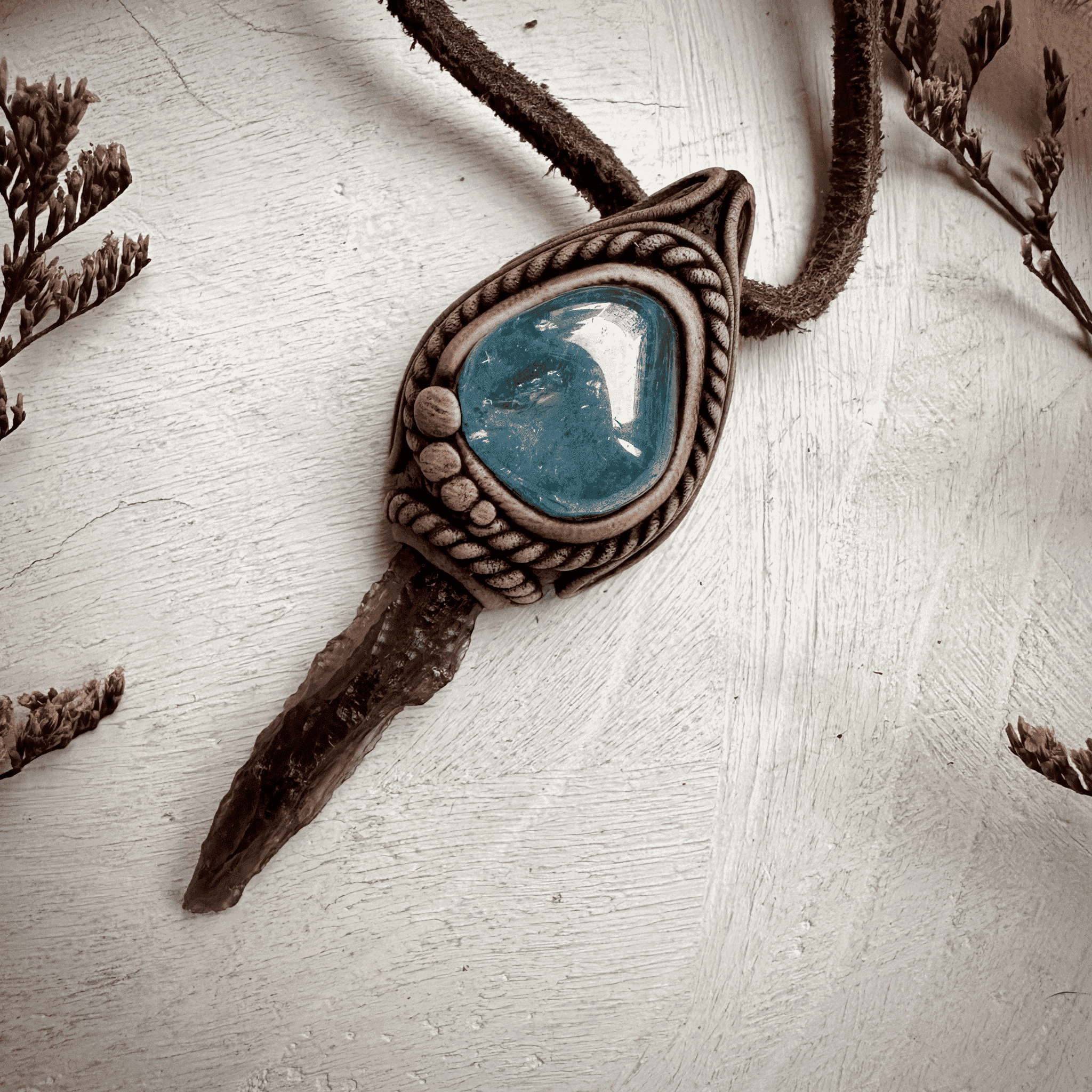 Moldavite and Aqua Aura Quartz Pendant Necklace - FairyGardenGlow