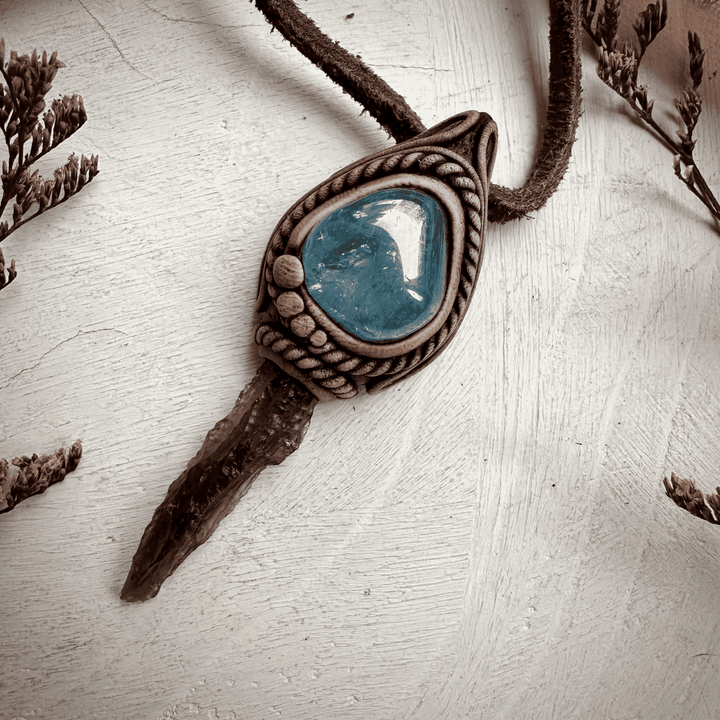 Moldavite and Aqua Aura Quartz Pendant Necklace - FairyGardenGlow