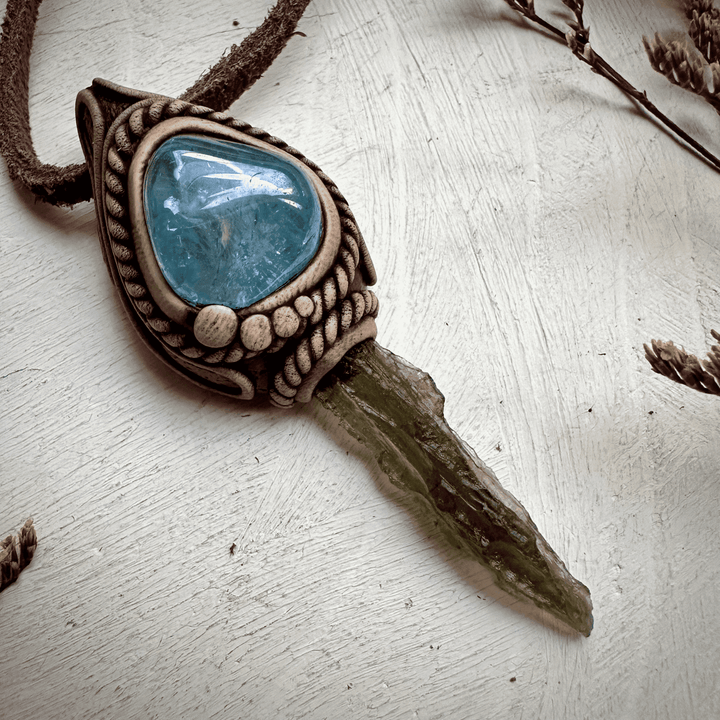 Moldavite and Aqua Aura Quartz Pendant Necklace - FairyGardenGlow