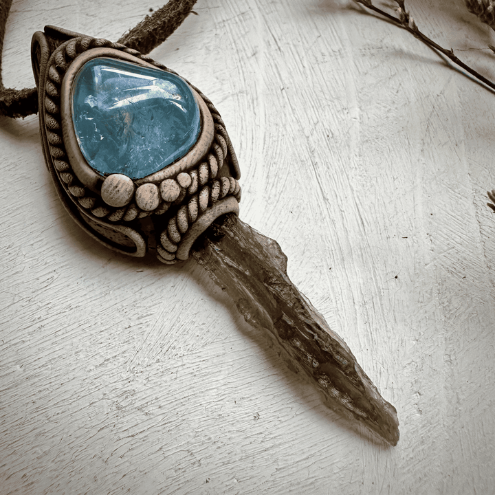 Moldavite and Aqua Aura Quartz Pendant Necklace - FairyGardenGlow