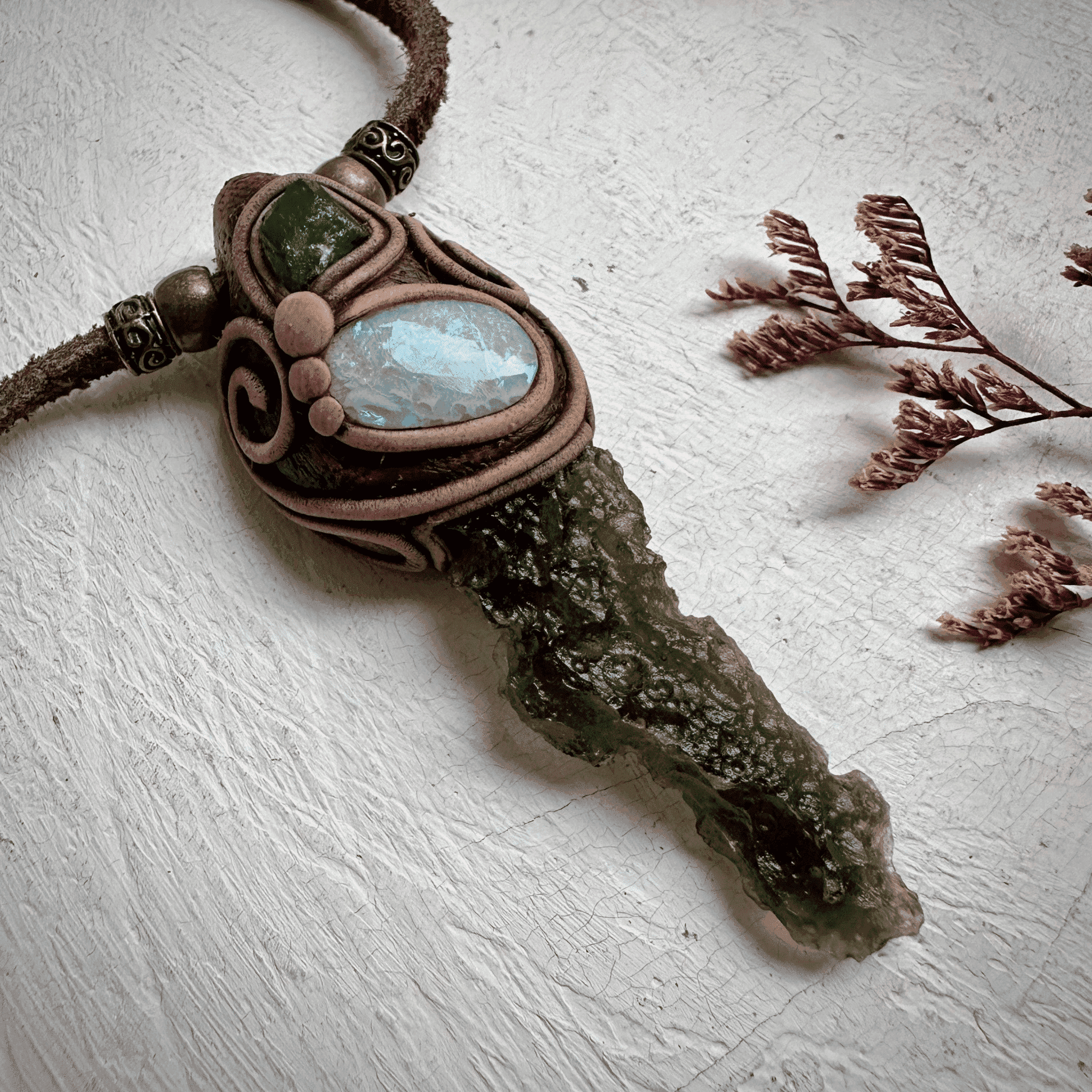 Moldavite Australian Opal and Raw Emerald Necklace - FairyGardenGlow