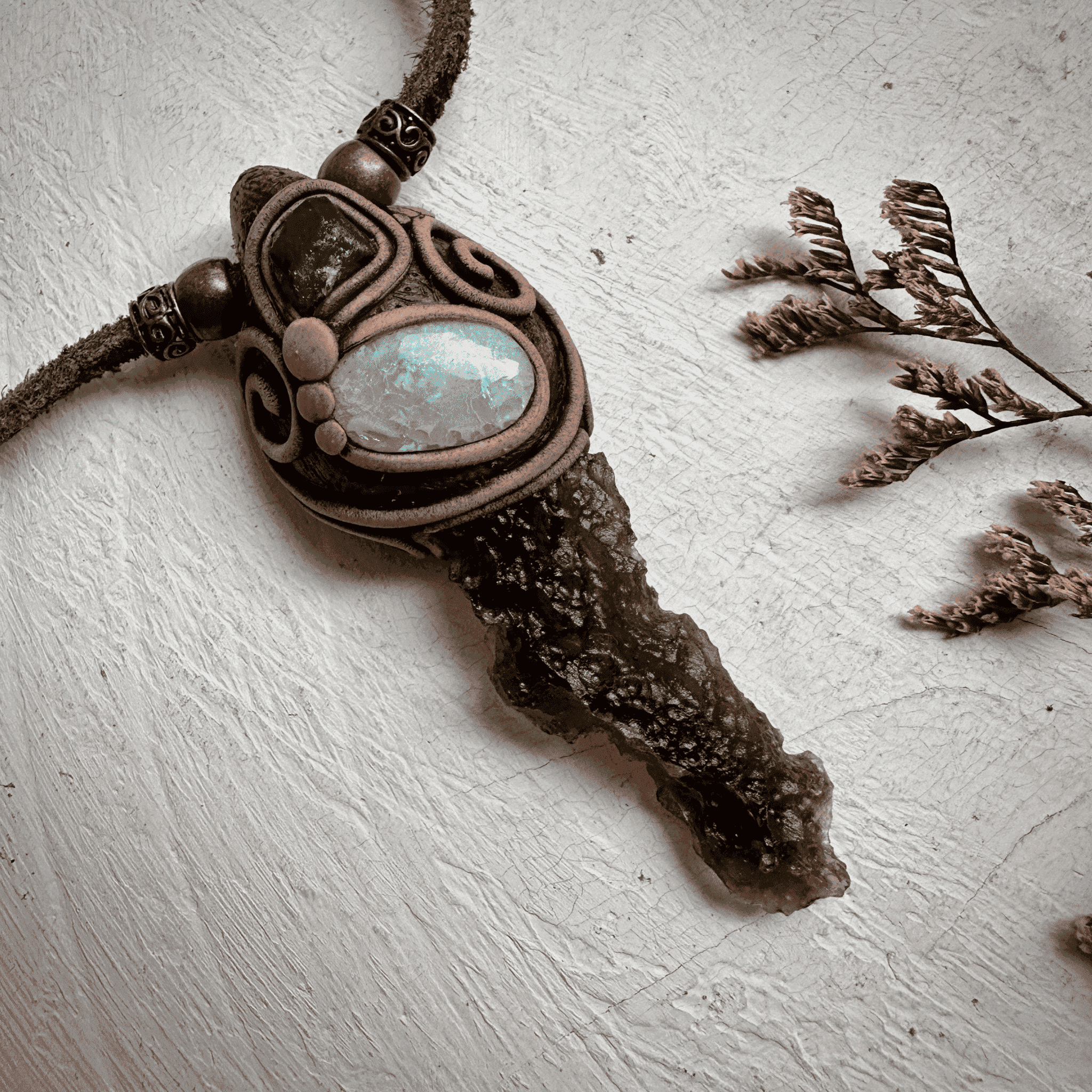 Moldavite Australian Opal and Raw Emerald Necklace - FairyGardenGlow