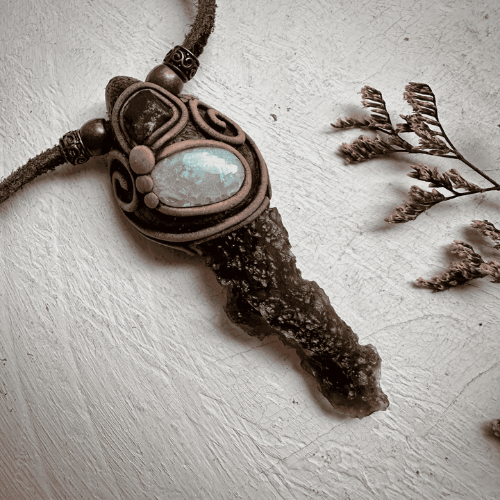 Moldavite Australian Opal and Raw Emerald Necklace - FairyGardenGlow