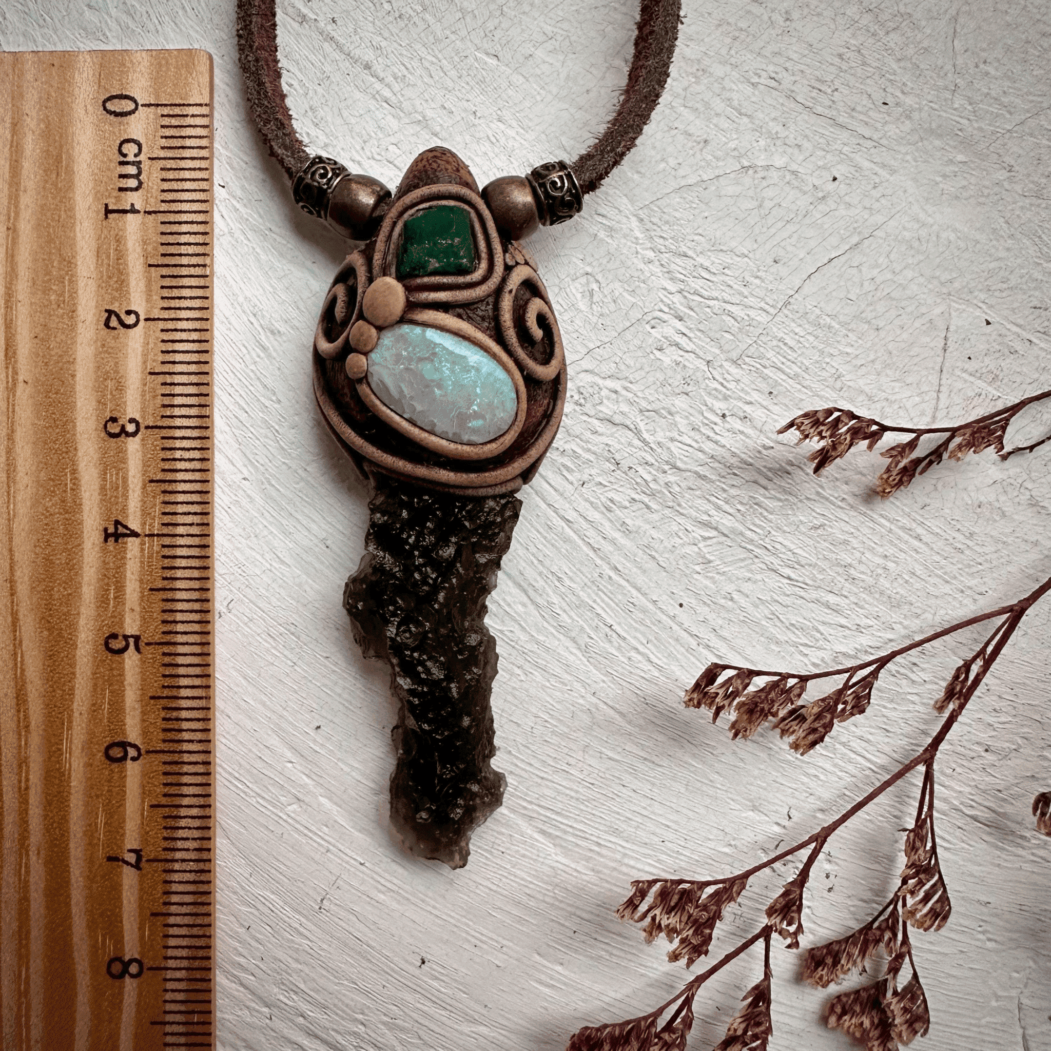 Moldavite Australian Opal and Raw Emerald Necklace - FairyGardenGlow