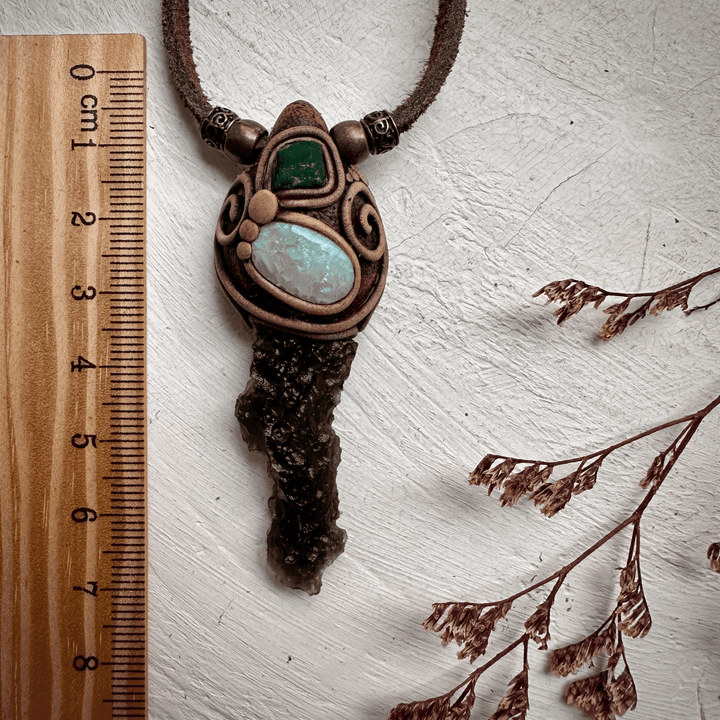 Moldavite Australian Opal and Raw Emerald Necklace - FairyGardenGlow