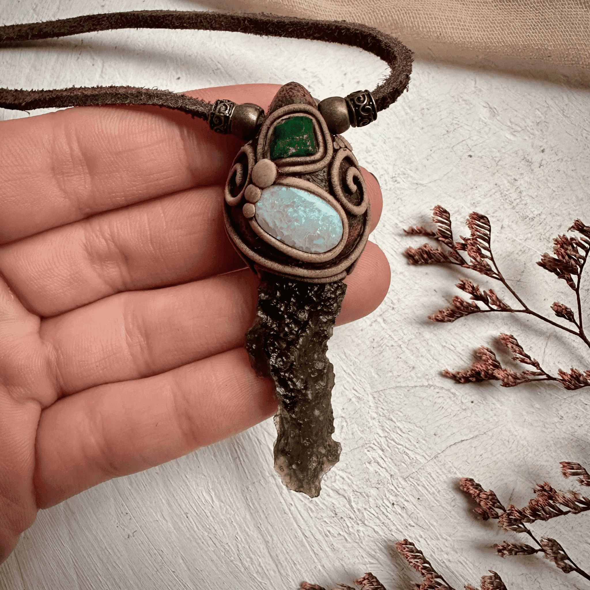 Moldavite Australian Opal and Raw Emerald Necklace - FairyGardenGlow