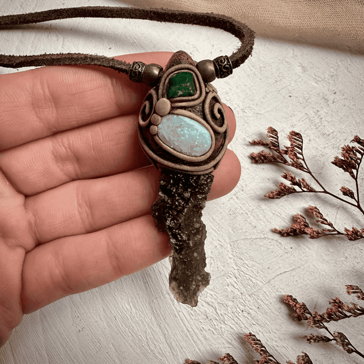 Moldavite Australian Opal and Raw Emerald Necklace - FairyGardenGlow