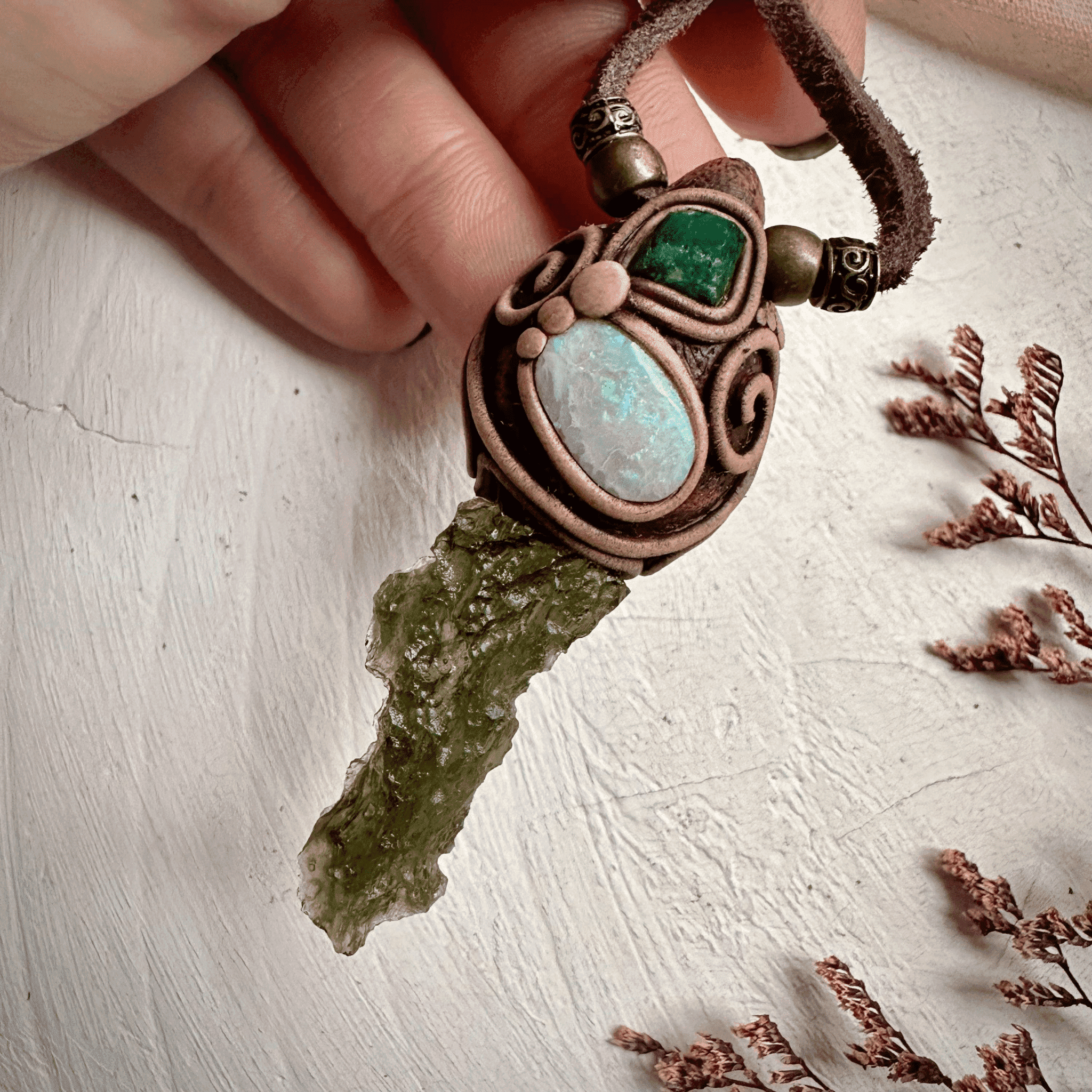Moldavite Australian Opal and Raw Emerald Necklace - FairyGardenGlow