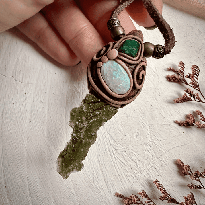 Moldavite Australian Opal and Raw Emerald Necklace - FairyGardenGlow