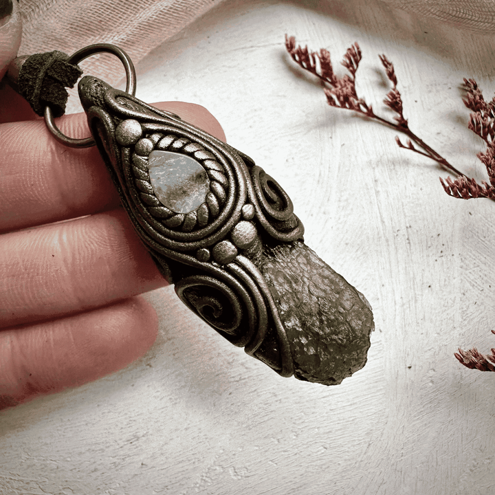 Moldavite and Boulder Opal Necklace - FairyGardenGlow